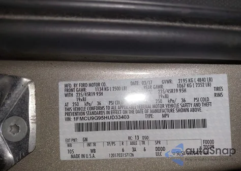 2017 Ford Escape Se from USA, damaged, VIN 1FMCU9G95HUD33403